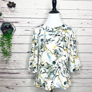 Liz Claiborne Petite White Spring Floral Print Bell Sleeve Blouse Top Size PXS